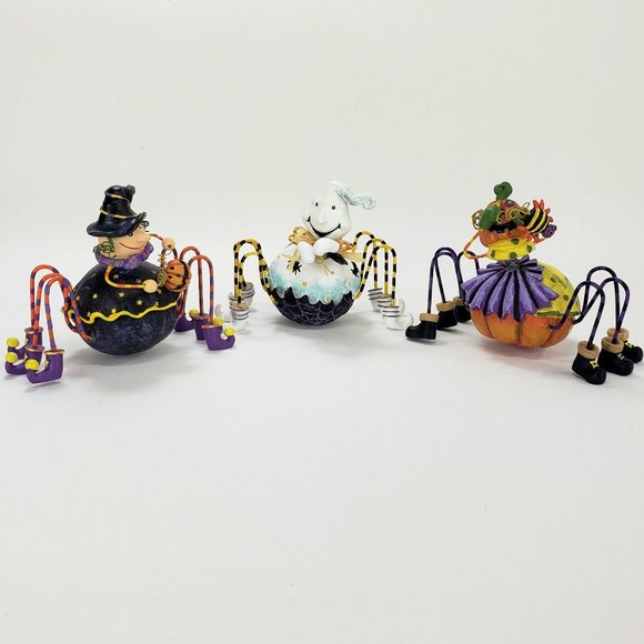 Cute Halloween Figurine Set of 3 Bobble Head Ghost Witch & Pumpkin w Spider Legs - Picture 1 of 16